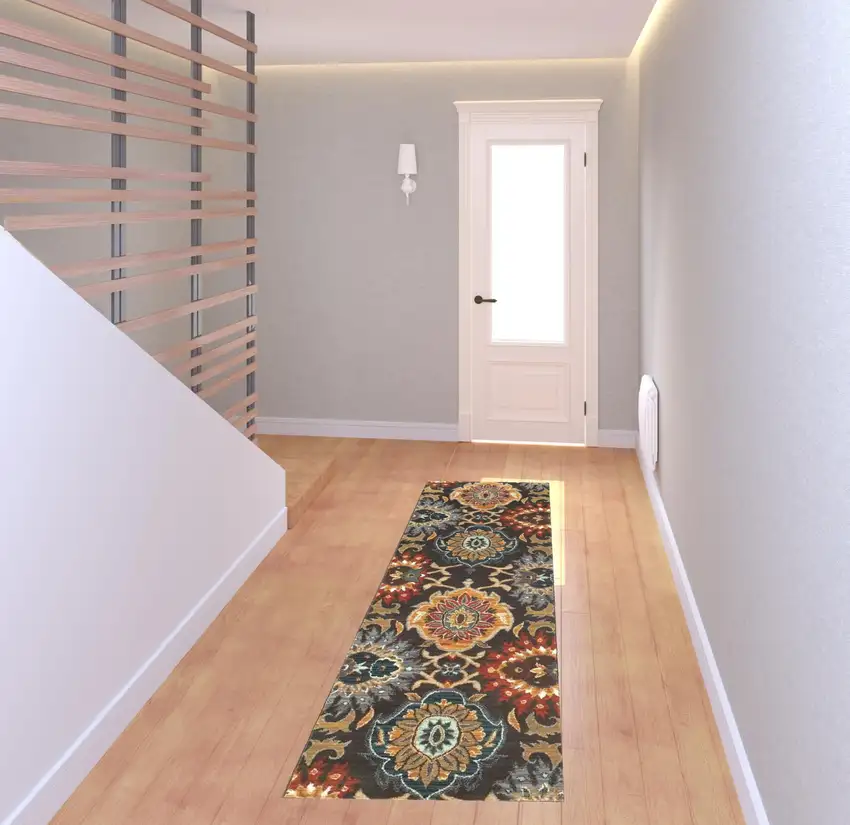 Brown Grey Rust Red Gold Teal And Blue Green Floral Power Loom Stain Resistant Runner Rug Photo 2