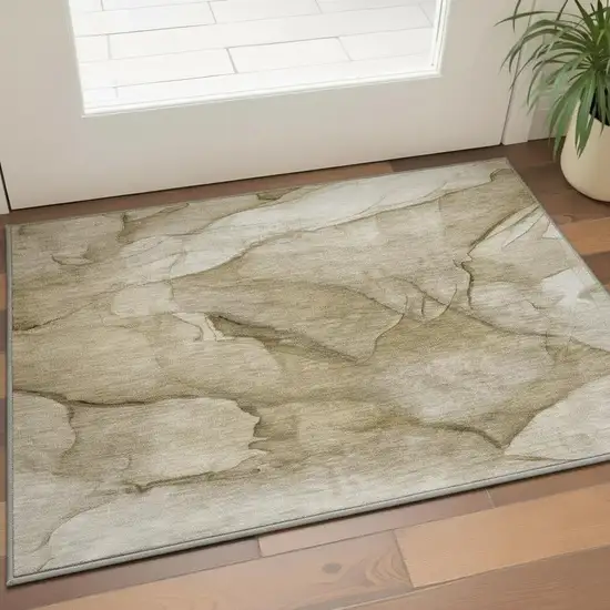Brown Ivory And Beige Abstract Washable Area Rug With UV Protection Photo 2