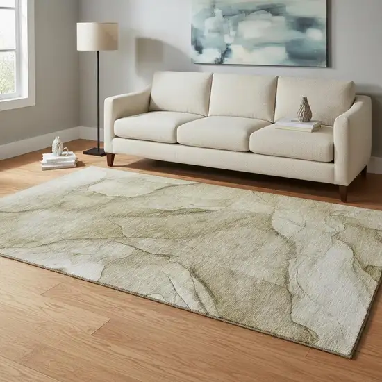 Brown Ivory And Beige Abstract Washable Area Rug With UV Protection Photo 1