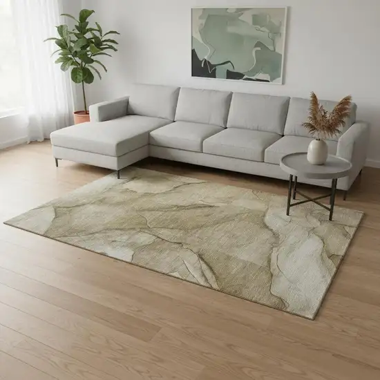 Brown Ivory And Beige Abstract Washable Area Rug With UV Protection Photo 2