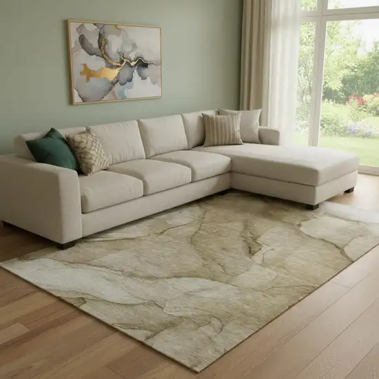 Brown Ivory And Beige Abstract Washable Area Rug With UV Protection Photo 2