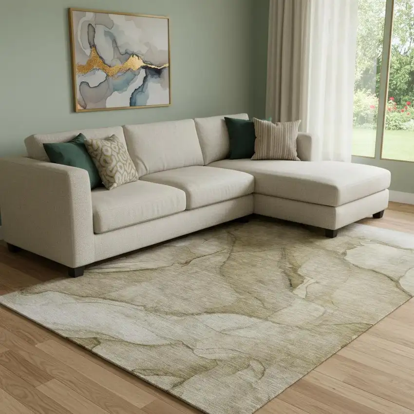 Brown Ivory And Beige Abstract Washable Area Rug With UV Protection Photo 1