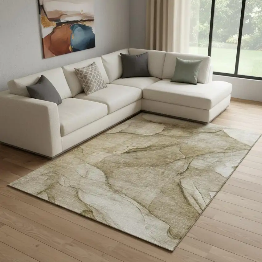 Brown Ivory And Beige Abstract Washable Area Rug With UV Protection Photo 1