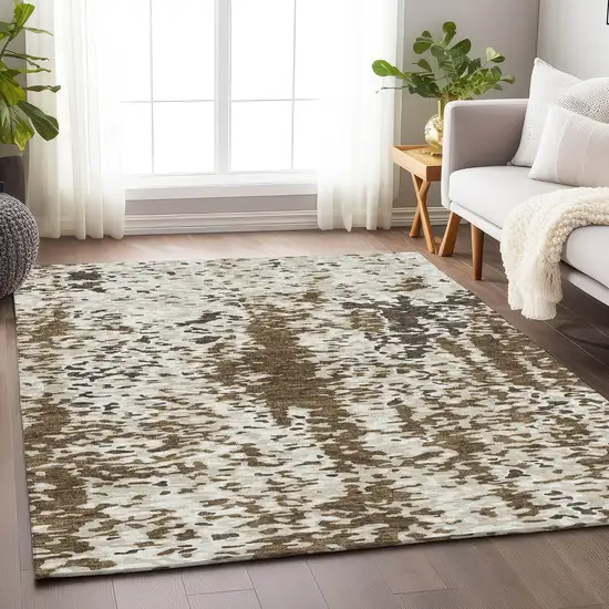 Brown Ivory And Beige Abstract Washable Area Rug With UV Protection Photo 4