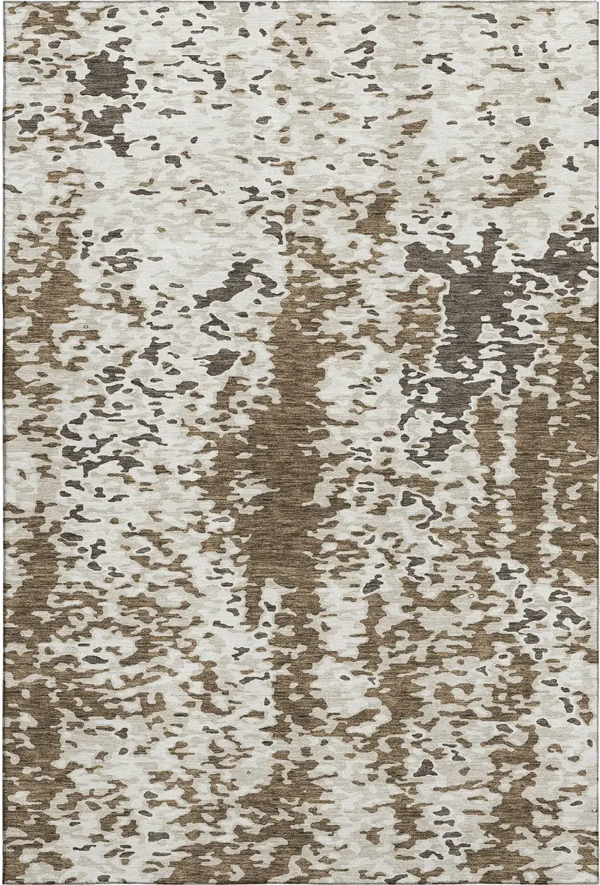 Brown Ivory And Beige Abstract Washable Area Rug With UV Protection Photo 1
