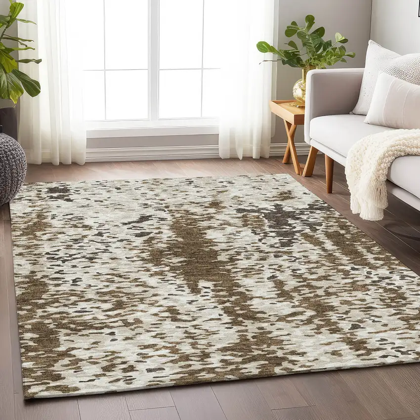 Brown Ivory And Beige Abstract Washable Area Rug With UV Protection Photo 4