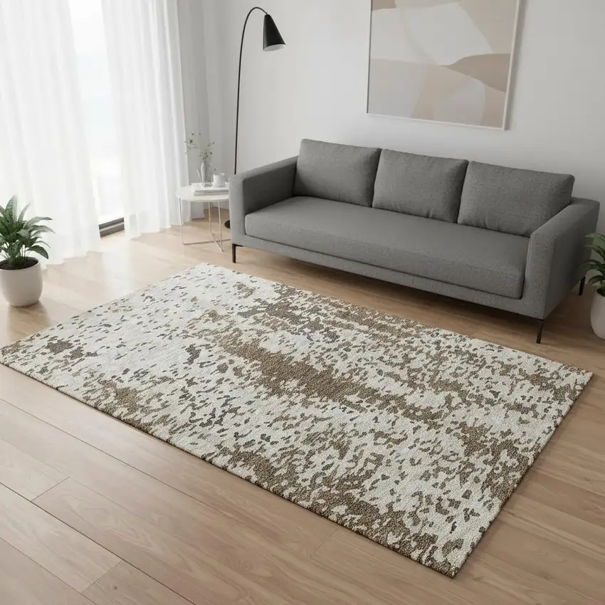 Brown Ivory And Beige Abstract Washable Area Rug With UV Protection Photo 2
