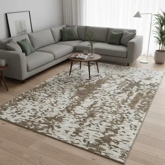 Brown Ivory And Beige Abstract Washable Area Rug With UV Protection Photo 2
