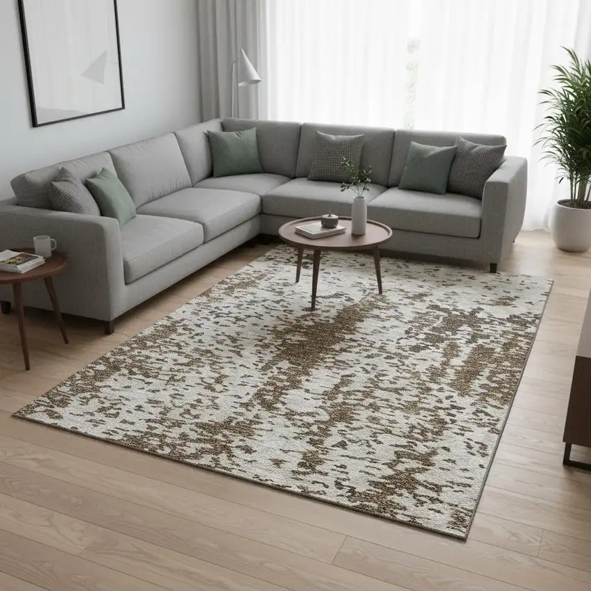 Brown Ivory And Beige Abstract Washable Area Rug With UV Protection Photo 2