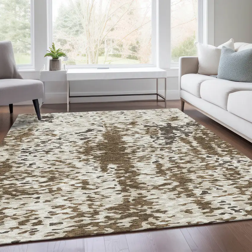 Brown Ivory And Beige Abstract Washable Area Rug With UV Protection Photo 6