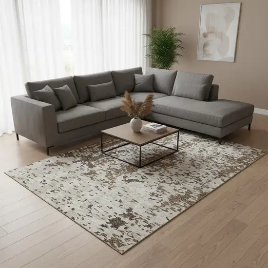 Brown Ivory And Beige Abstract Washable Area Rug With UV Protection Photo 2