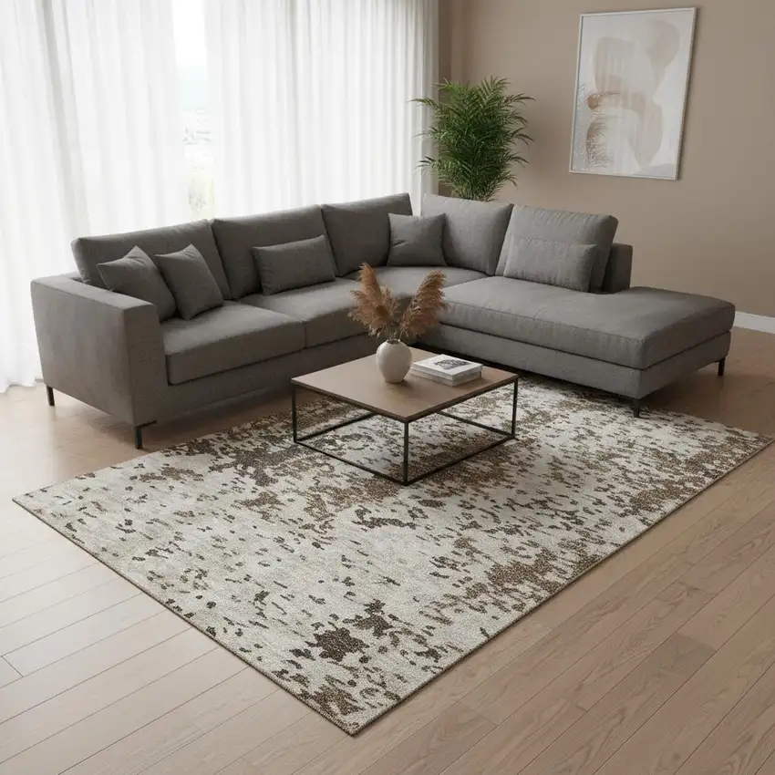 Brown Ivory And Beige Abstract Washable Area Rug With UV Protection Photo 2