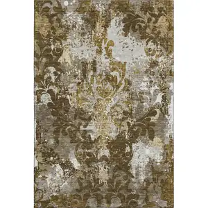 Photo of Brown Ivory And Beige Damask Washable Area Rug With UV Protection