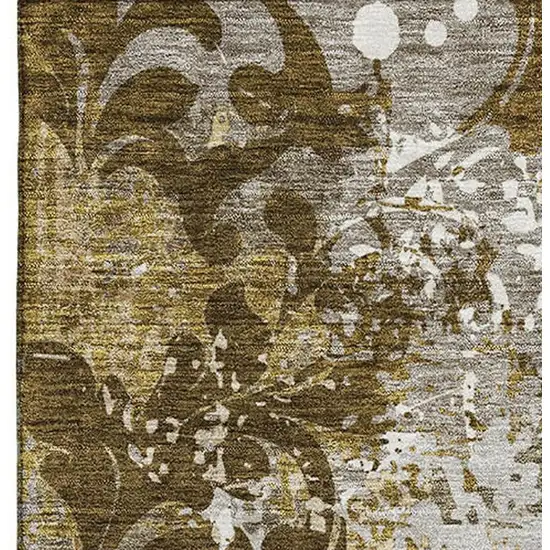 Brown Ivory And Beige Damask Washable Area Rug With UV Protection Photo 3