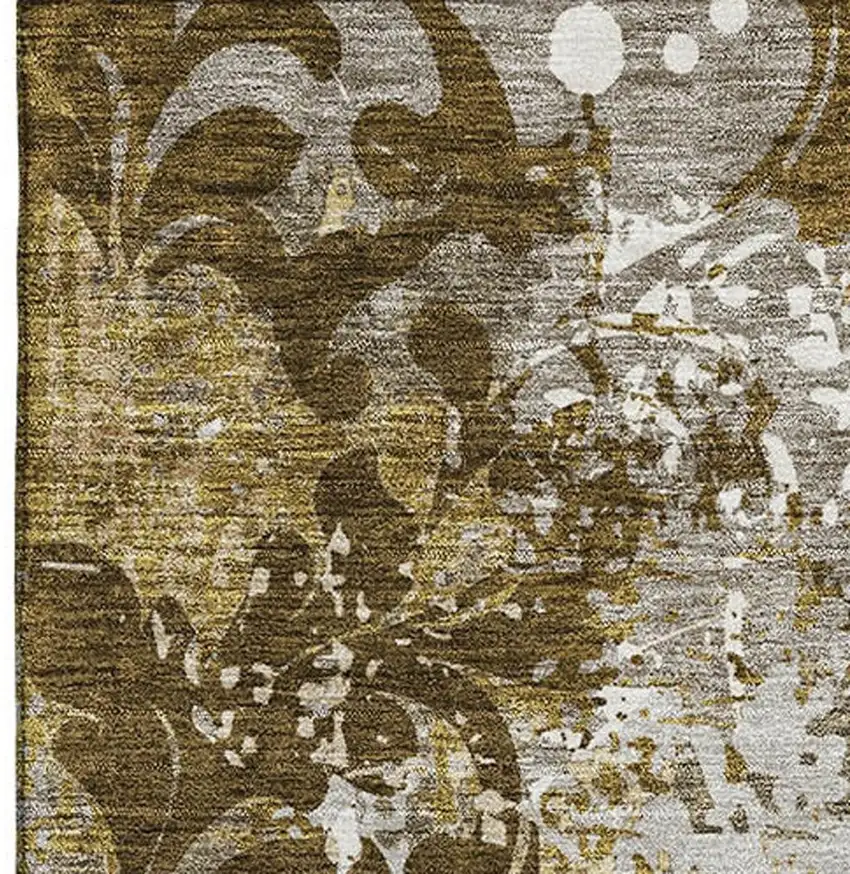 Brown Ivory And Beige Damask Washable Area Rug With UV Protection Photo 3