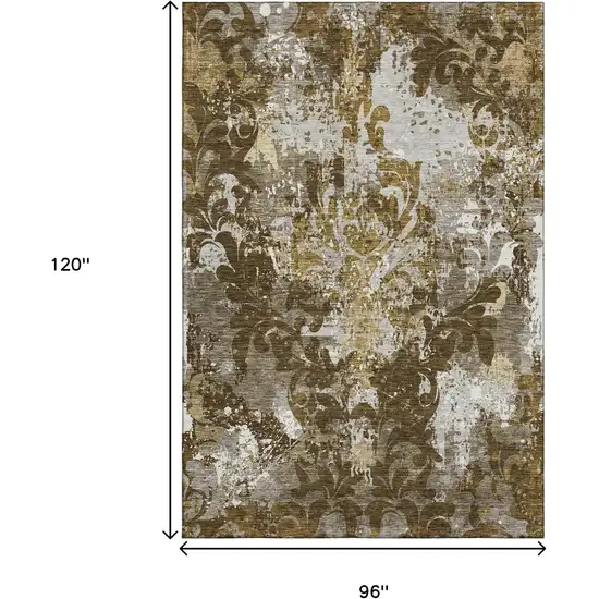 Brown Ivory And Beige Damask Washable Area Rug With UV Protection Photo 9