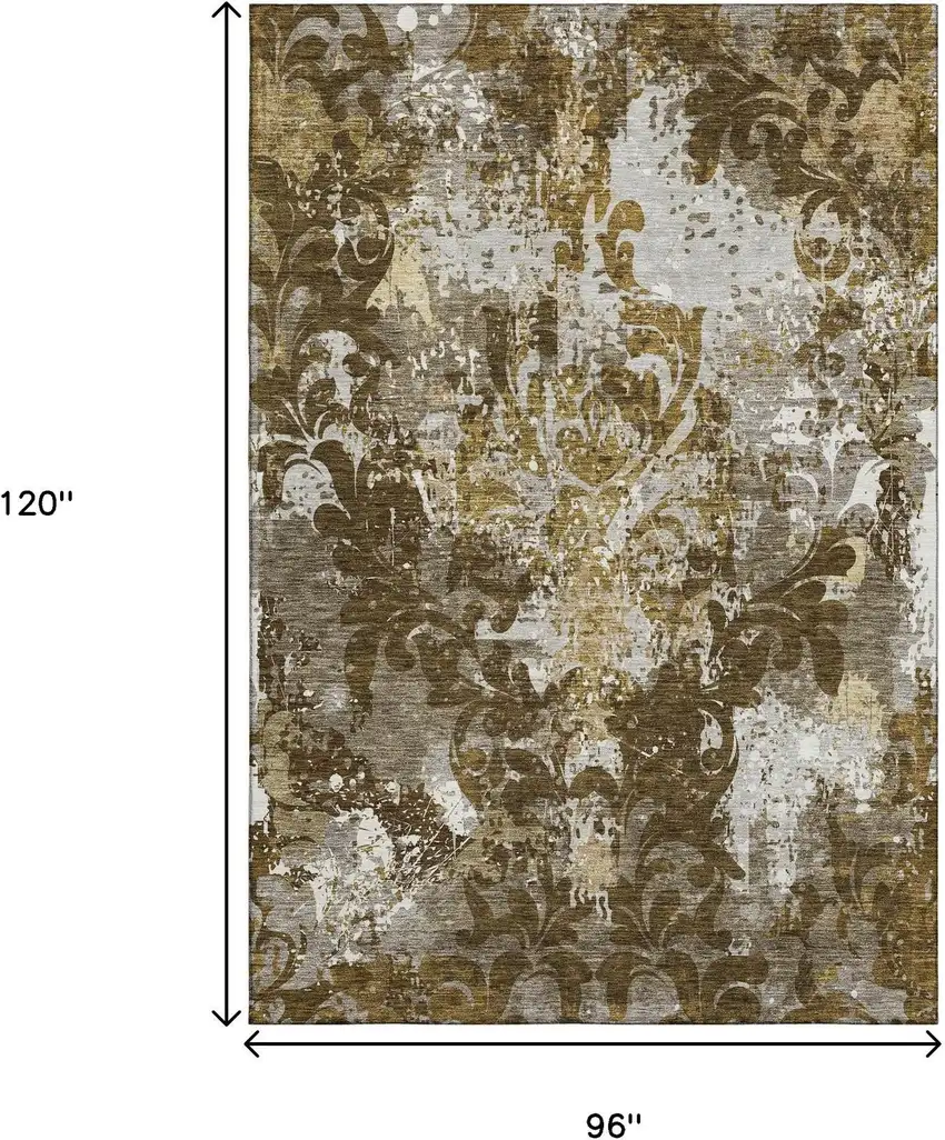 Brown Ivory And Beige Damask Washable Area Rug With UV Protection Photo 9