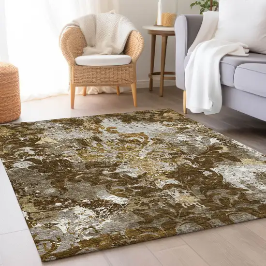 Brown Ivory And Beige Damask Washable Area Rug With UV Protection Photo 3