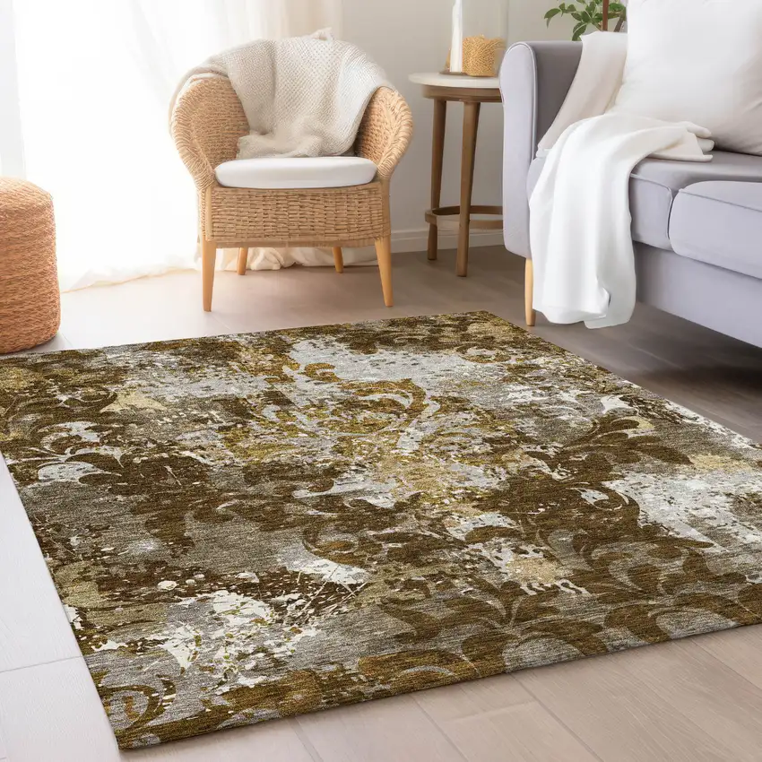 Brown Ivory And Beige Damask Washable Area Rug With UV Protection Photo 3