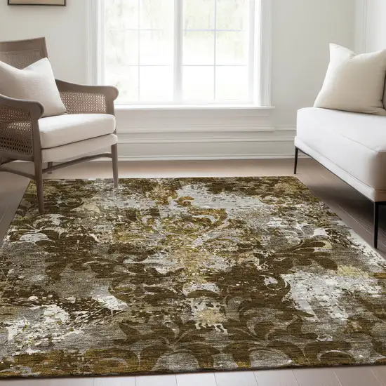 Brown Ivory And Beige Damask Washable Area Rug With UV Protection Photo 4