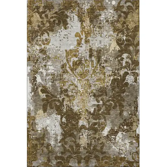 Brown Ivory And Beige Damask Washable Area Rug With UV Protection Photo 2
