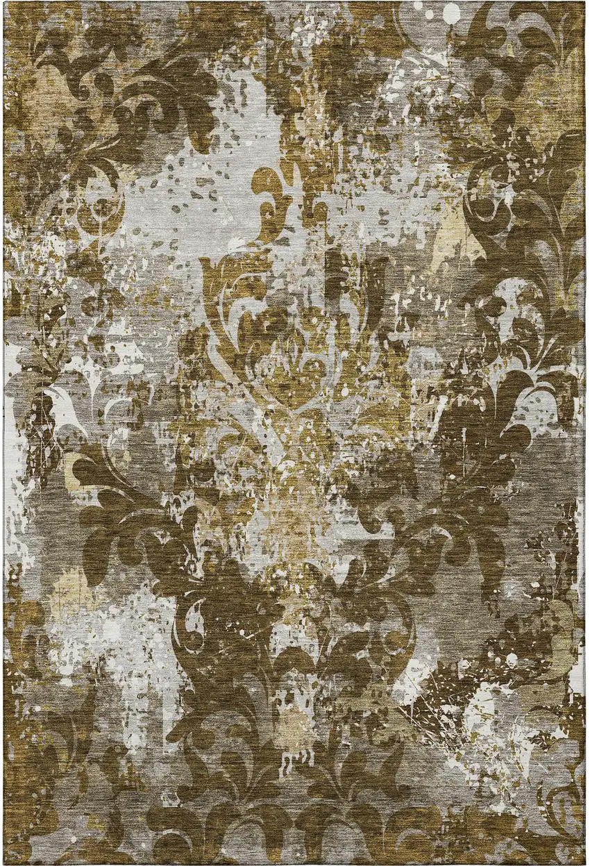 Brown Ivory And Beige Damask Washable Area Rug With UV Protection Photo 2