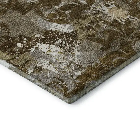 Brown Ivory And Beige Damask Washable Area Rug With UV Protection Photo 7