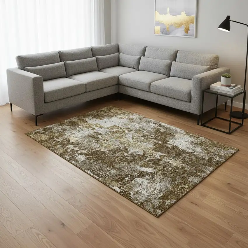 Brown Ivory And Beige Damask Washable Area Rug With UV Protection Photo 2