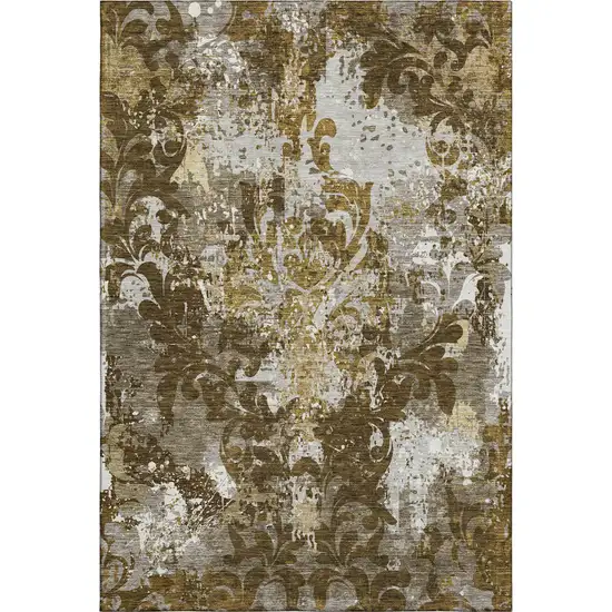 Brown Ivory And Beige Damask Washable Area Rug With UV Protection Photo 1
