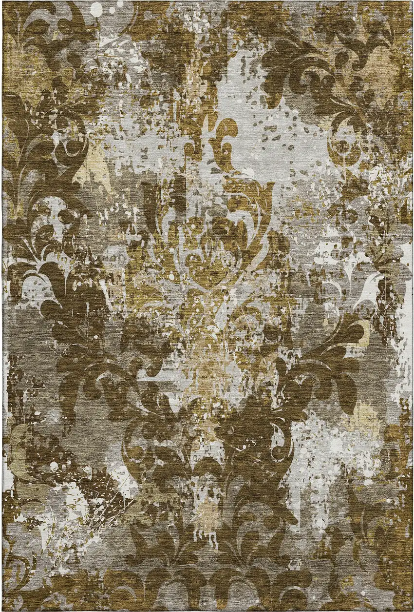 Brown Ivory And Beige Damask Washable Area Rug With UV Protection Photo 1
