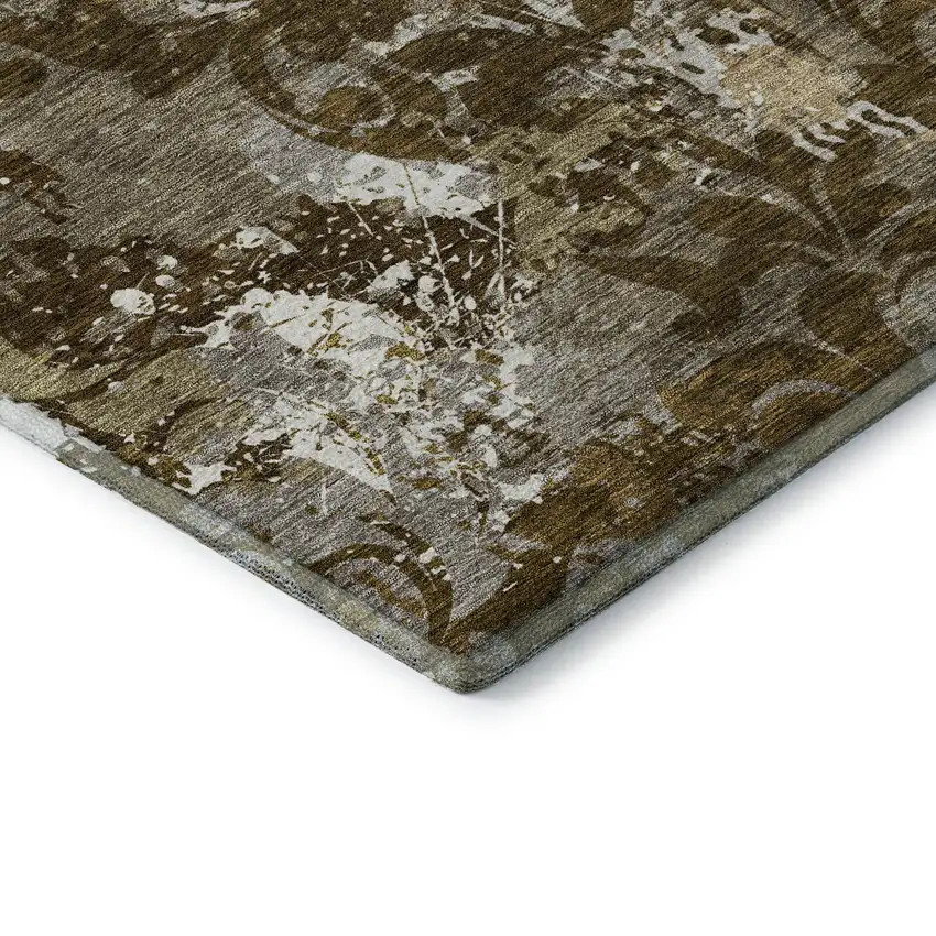 Brown Ivory And Beige Damask Washable Area Rug With UV Protection Photo 7