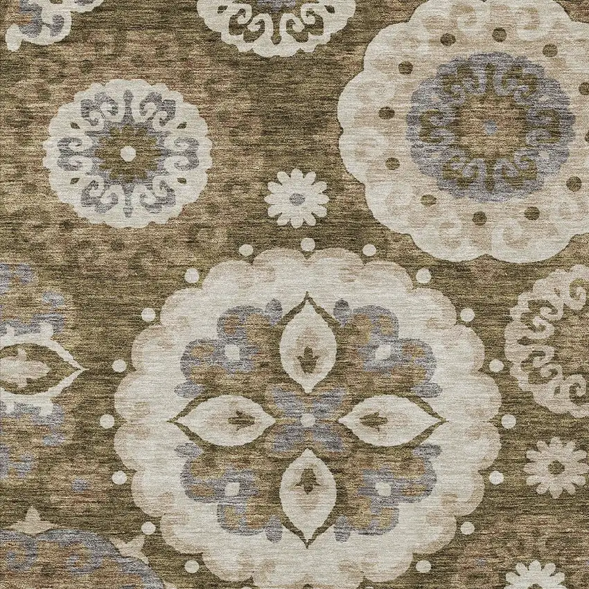 Brown Ivory And Beige Floral Medallion Washable Indoor Outdoor Area Rug Photo 4