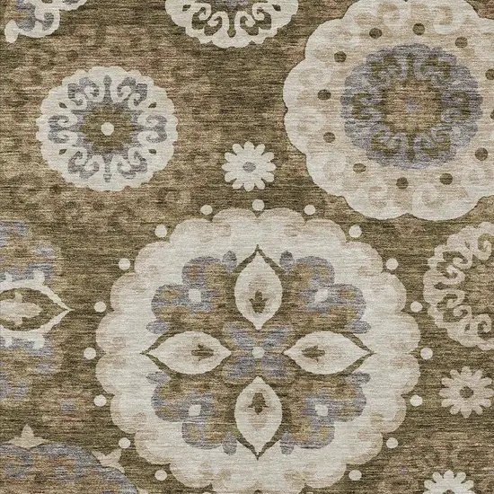 Brown Ivory And Beige Floral Medallion Washable Indoor Outdoor Area Rug Photo 4