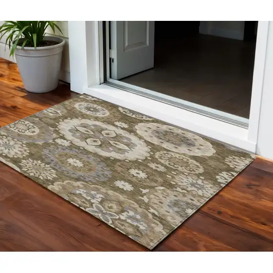 Brown Ivory And Beige Floral Medallion Washable Indoor Outdoor Area Rug Photo 1