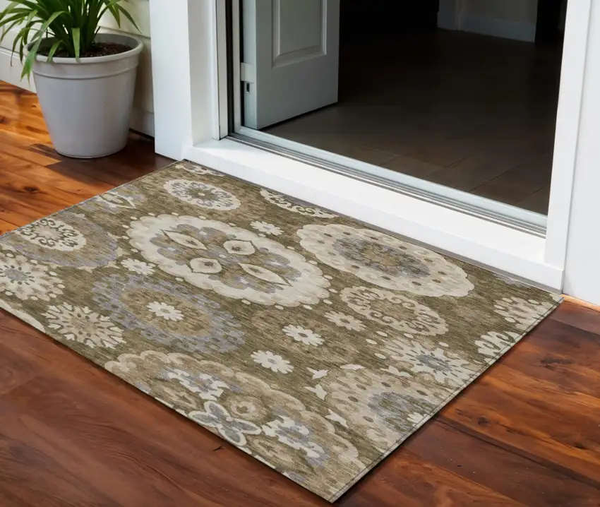 Brown Ivory And Beige Floral Medallion Washable Indoor Outdoor Area Rug Photo 1