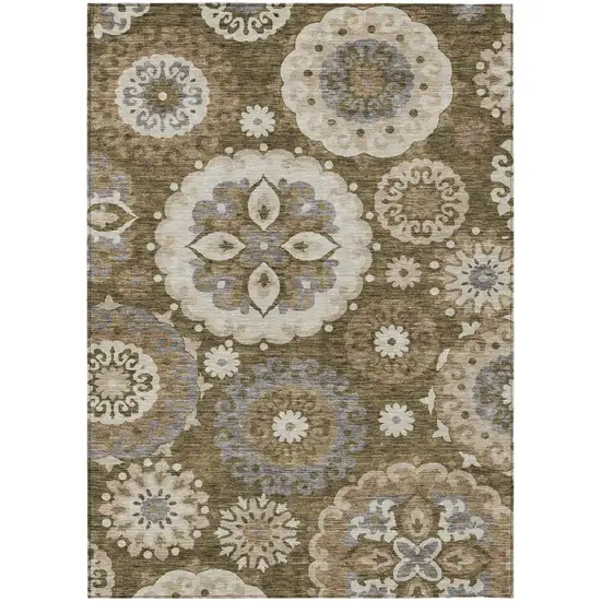 Brown Ivory And Beige Floral Medallion Washable Indoor Outdoor Area Rug Photo 1