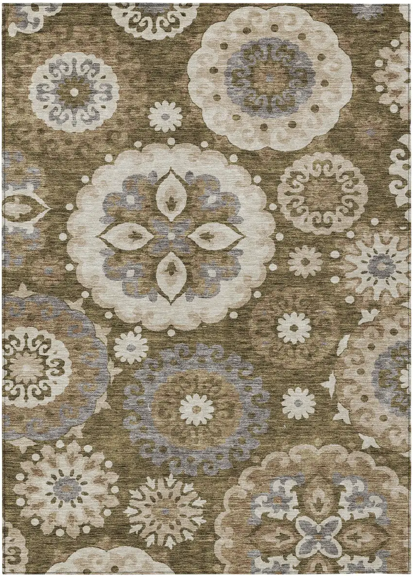 Brown Ivory And Beige Floral Medallion Washable Indoor Outdoor Area Rug Photo 1