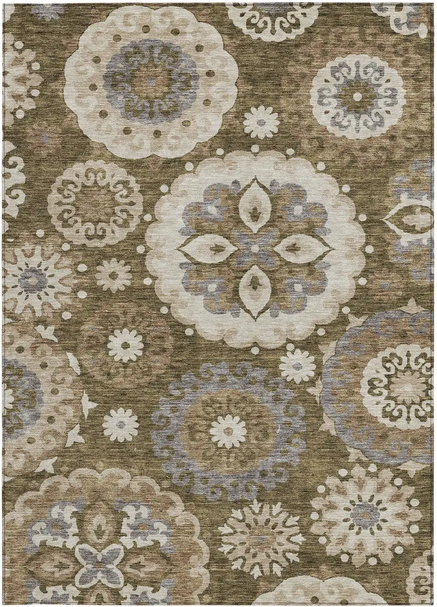 Brown Ivory And Beige Floral Medallion Washable Indoor Outdoor Area Rug Photo 8