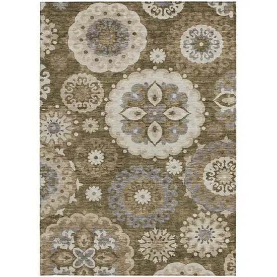 Brown Ivory And Beige Floral Medallion Washable Indoor Outdoor Area Rug Photo 8