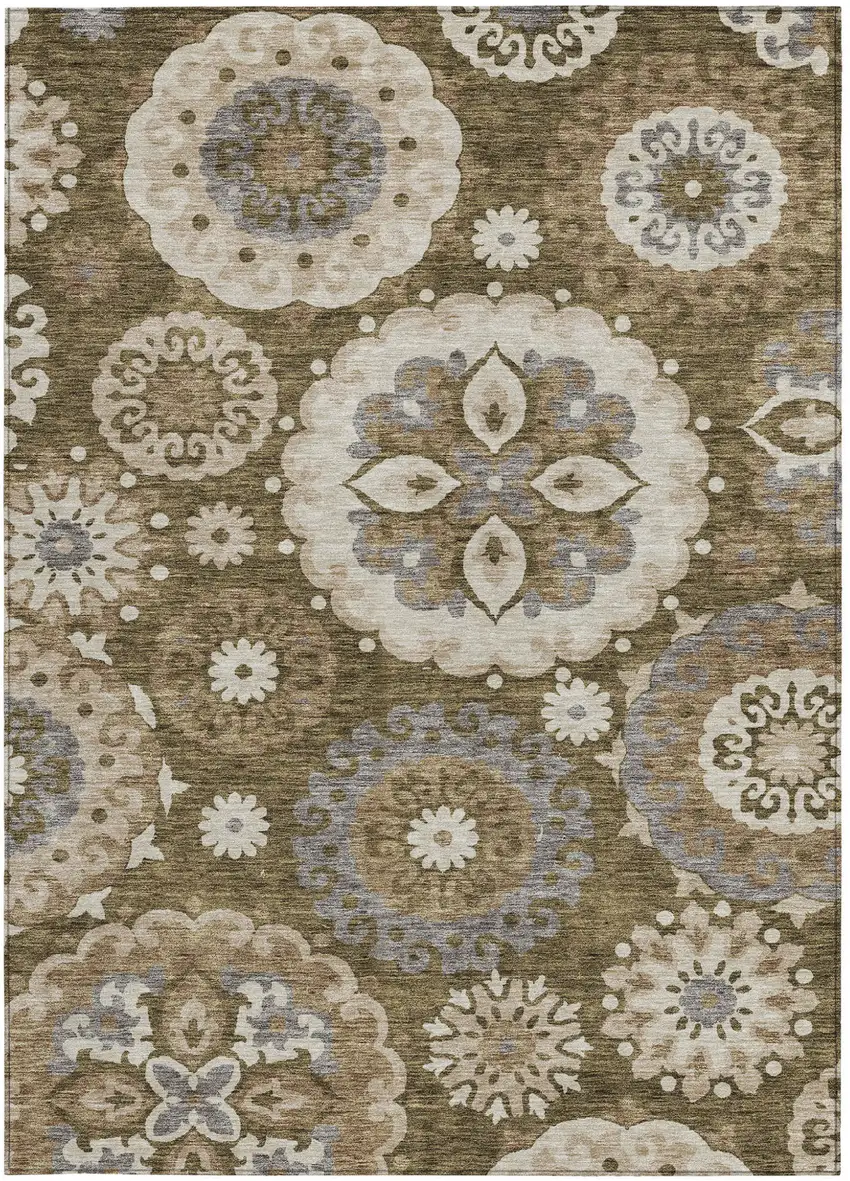 Brown Ivory And Beige Floral Medallion Washable Indoor Outdoor Area Rug Photo 8