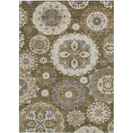 Brown Ivory And Beige Floral Medallion Washable Indoor Outdoor Area Rug Photo 8