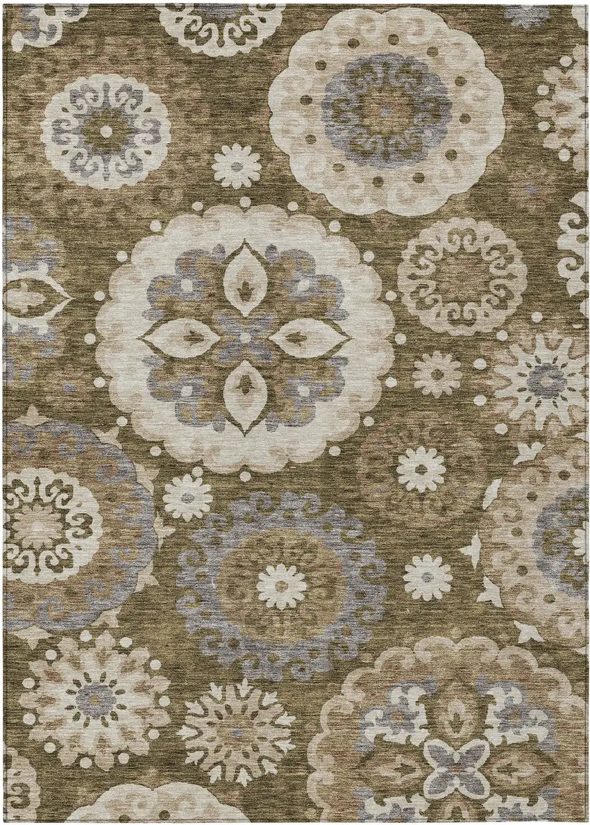 Brown Ivory And Beige Floral Medallion Washable Indoor Outdoor Area Rug Photo 1