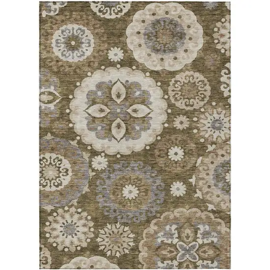Brown Ivory And Beige Floral Medallion Washable Indoor Outdoor Area Rug Photo 1