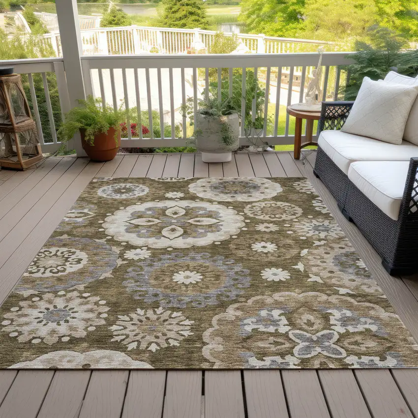 Brown Ivory And Beige Floral Medallion Washable Indoor Outdoor Area Rug Photo 7