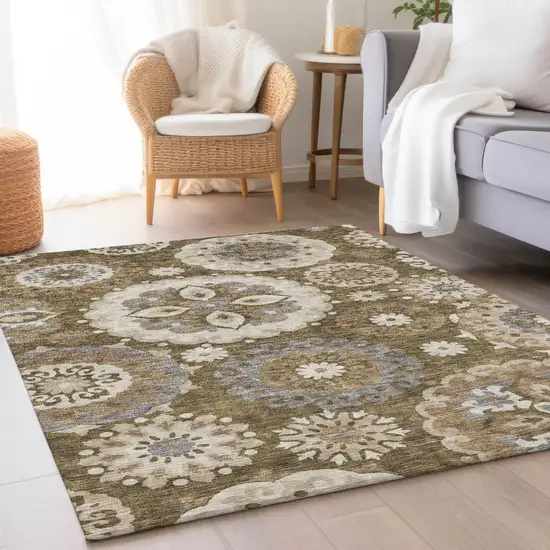 Brown Ivory And Beige Floral Medallion Washable Indoor Outdoor Area Rug Photo 9