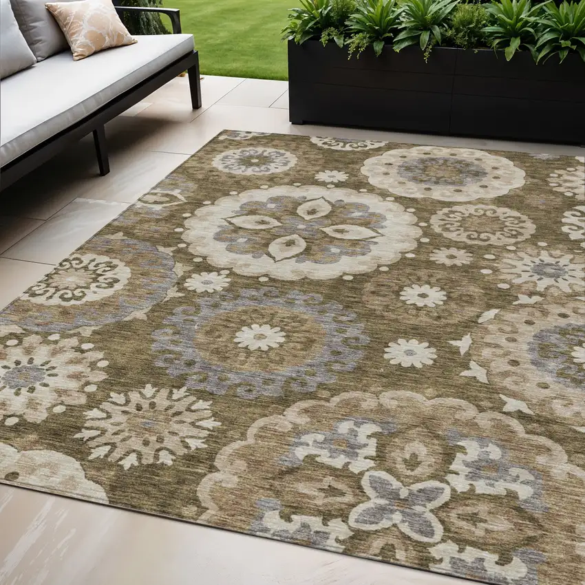 Brown Ivory And Beige Floral Medallion Washable Indoor Outdoor Area Rug Photo 1