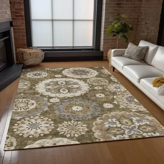 Brown Ivory And Beige Floral Medallion Washable Indoor Outdoor Area Rug Photo 9