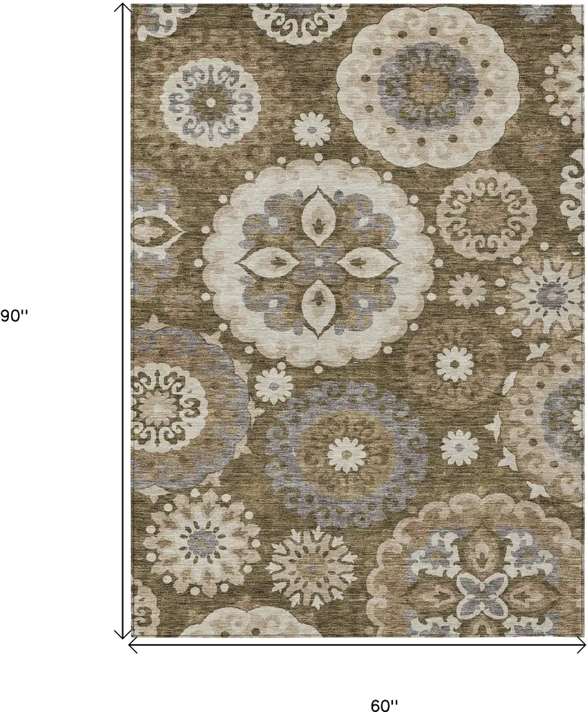 Brown Ivory And Beige Floral Medallion Washable Indoor Outdoor Area Rug Photo 3