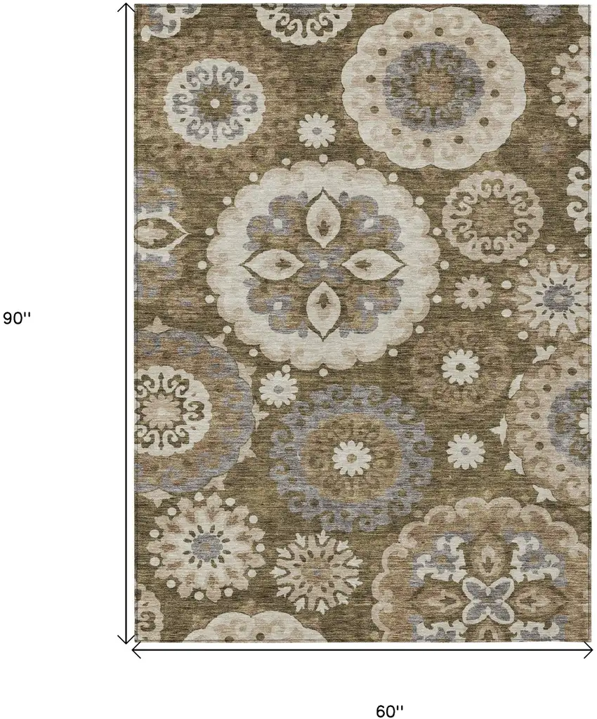 Brown Ivory And Beige Floral Medallion Washable Indoor Outdoor Area Rug Photo 3