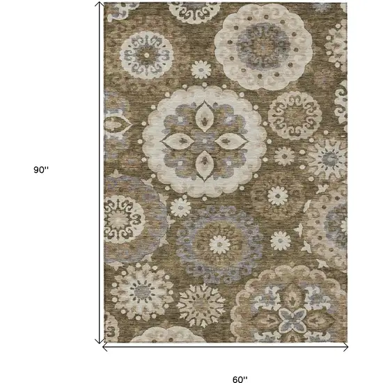 Brown Ivory And Beige Floral Medallion Washable Indoor Outdoor Area Rug Photo 3